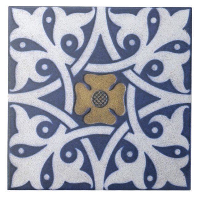 Repro Gothic Quatrefoil Tile in Blue, Guld & White Kakelplatta (Framsidan)