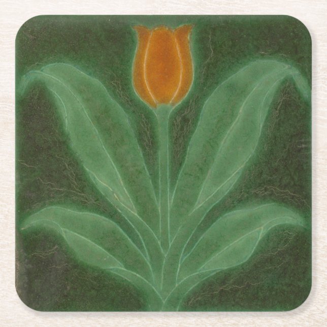 Repro Gult Grönt Tulip Art nouveau Tile Underlägg Papper Kvadrat (Framsidan)