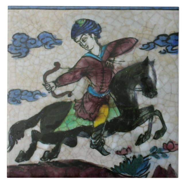 Repro handmålad antik persian Horseman Kakelplatta (Framsidan)