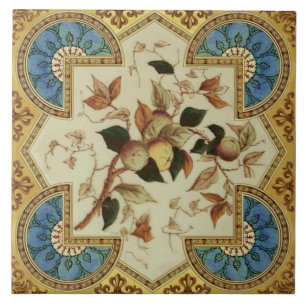 Repro Late Victorian Transferware Blue Guld Frukt Kakelplatta