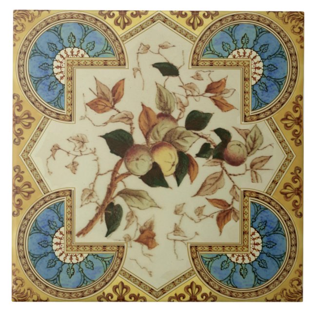 Repro Late Victorian Transferware Blue Guld Frukt Kakelplatta (Framsidan)
