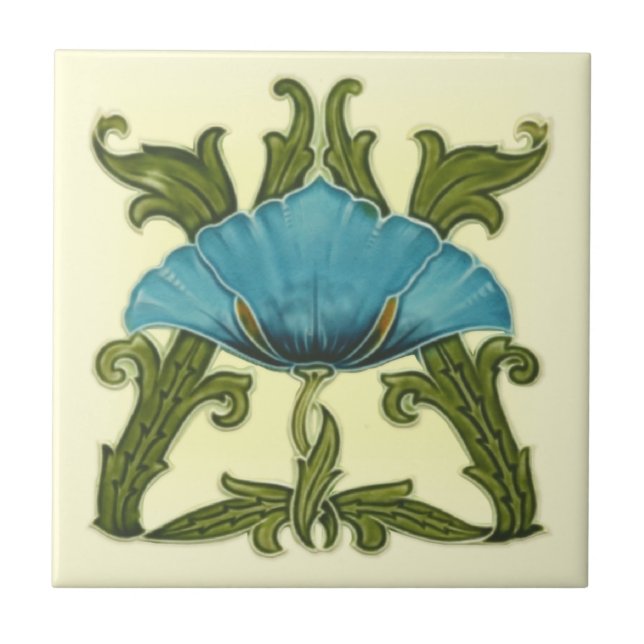 Repro Minton Art nouveau Ceramic Blue-Blommigt Til Kakelplatta (Framsidan)