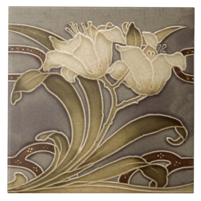 Repro Minton Art nouveau Lillies (Neutralter) Grän Kakelplatta (Framsidan)