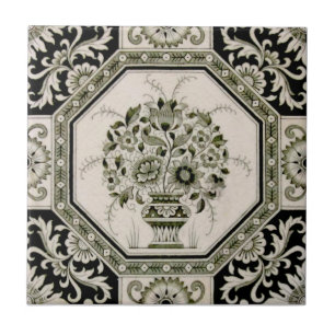 Repro Minton Black & Cream Aesthetic Blommigt Prin Kakelplatta