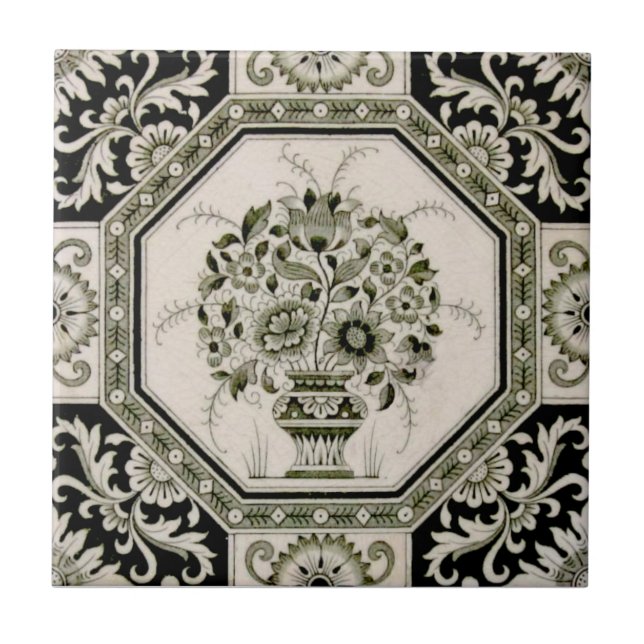 Repro Minton Black & Cream Aesthetic Blommigt Prin Kakelplatta (Framsidan)