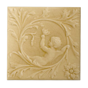 Repro Minton Faux Relief Putti Cream Victorian Kakelplatta