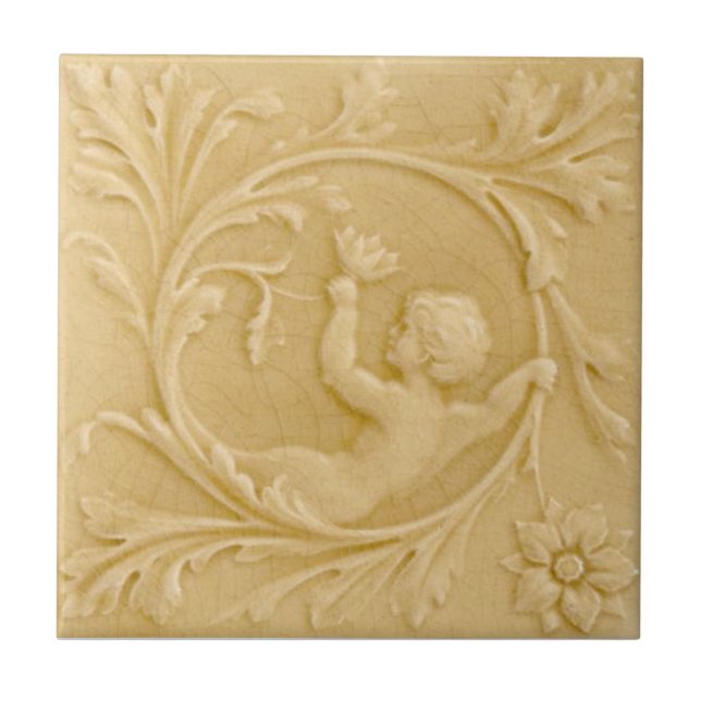 Repro Minton Faux Relief Putti Cream Victorian Kakelplatta (Framsidan)