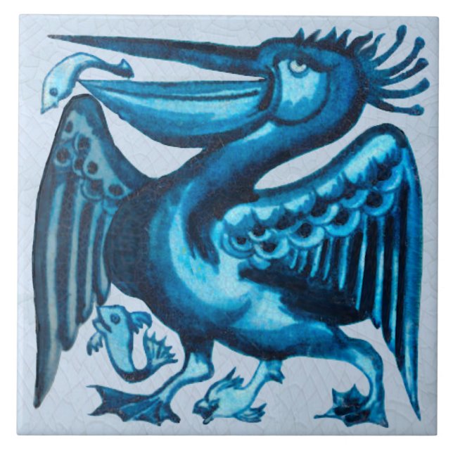Repro of Original De Morgan Blue Pelican Bird Kakelplatta (Framsidan)