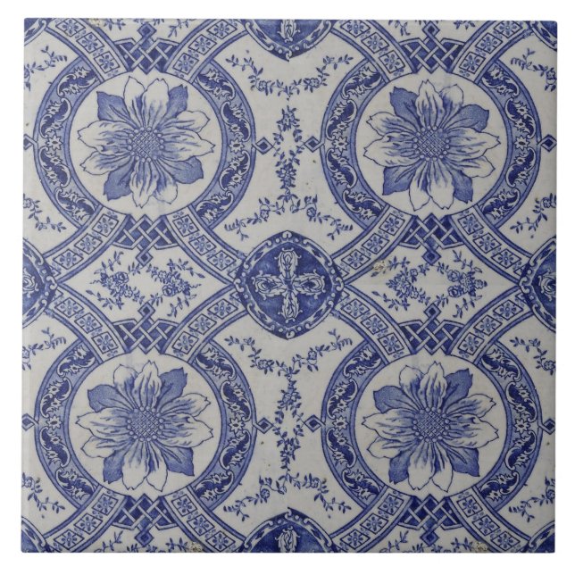 Repro portugisisk Blue Geometric Azulejos-Blommigt Kakelplatta (Framsidan)