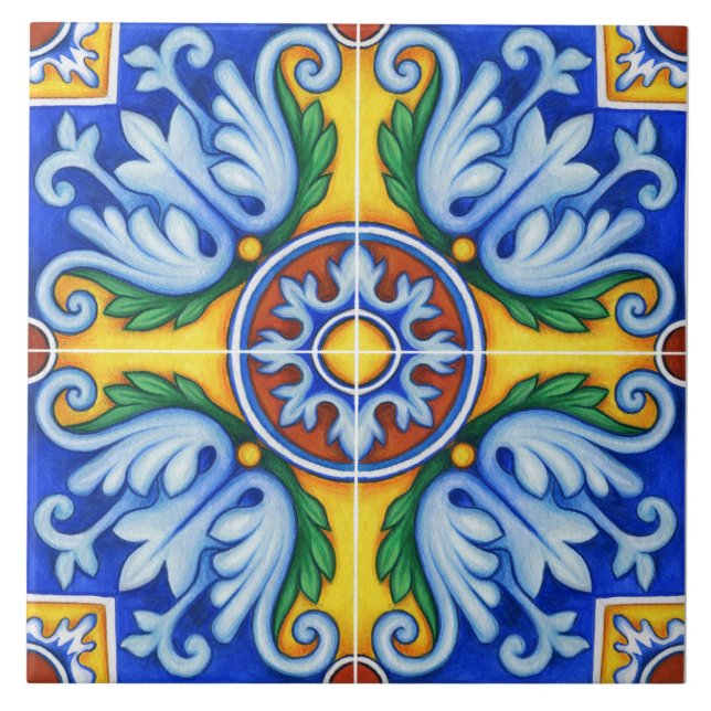 Repro portugisisk Blue Geometric Azulejos-Blommigt Kakelplatta (Framsidan)