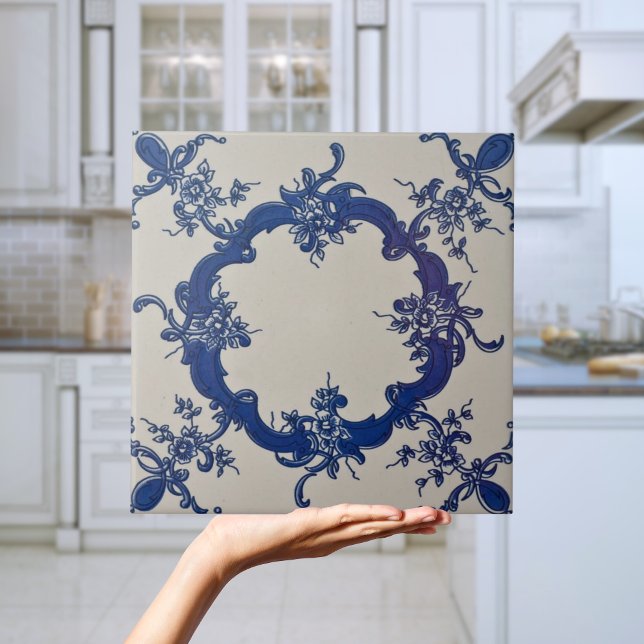 Repro portugisisk Blue Geometric Azulejos Blommigt Kakelplatta (Repro Portuguese Blue Geometric Azulejos Floral Tile)