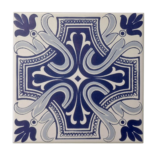 Repro portugisisk Blue Geometric Azulejos-Blommigt Kakelplatta (Framsidan)