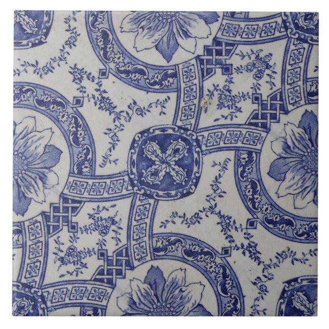Repro portugisisk Blue Geometric Azulejos-Blommigt Kakelplatta (Framsidan)