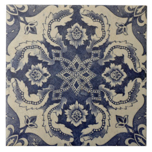 Repro portugisisk Blue Geometric Azulejos-Blommigt Kakelplatta