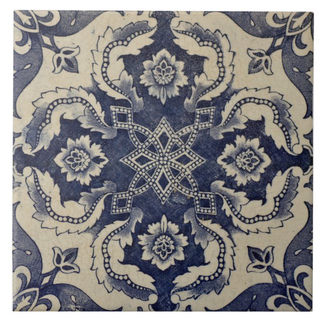 Repro portugisisk Blue Geometric Azulejos-Blommigt Kakelplatta (Framsidan)
