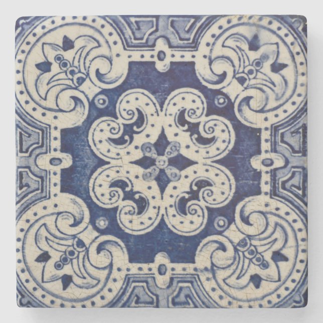 Repro portugisisk Blue Geometric Azulejos-Blommigt Stenunderlägg (Framsidan)