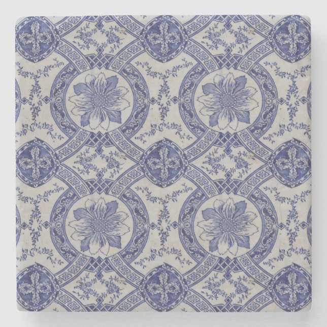Repro portugisisk Blue Geometric Azulejos-Blommigt Stenunderlägg (Framsidan)
