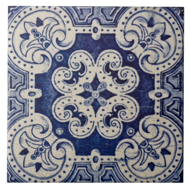 Repro portugisiska blå geometriska Azulejos blom- Kakelplatta (Framsidan)