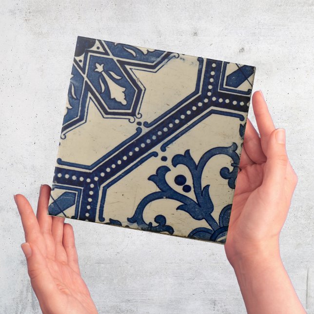 Repro PortuguBlue Geometric Azulejos Tile Kakelplatta (vintage azulejos Portuguese tiles on blue and white)