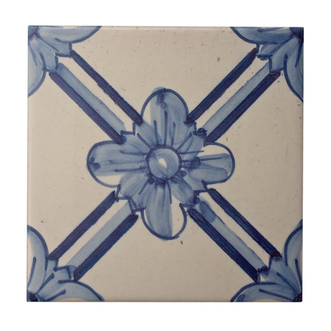 Repro Portuguesa Blue Geometric Azulejos Flower Kakelplatta (Framsidan)