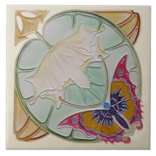 Repro Sällsynt belgisk Art nouveau Butterfly Blom Kakelplatta