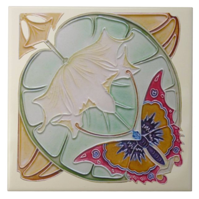 Repro Sällsynt belgisk Art nouveau Butterfly Blomm Kakelplatta (Framsidan)