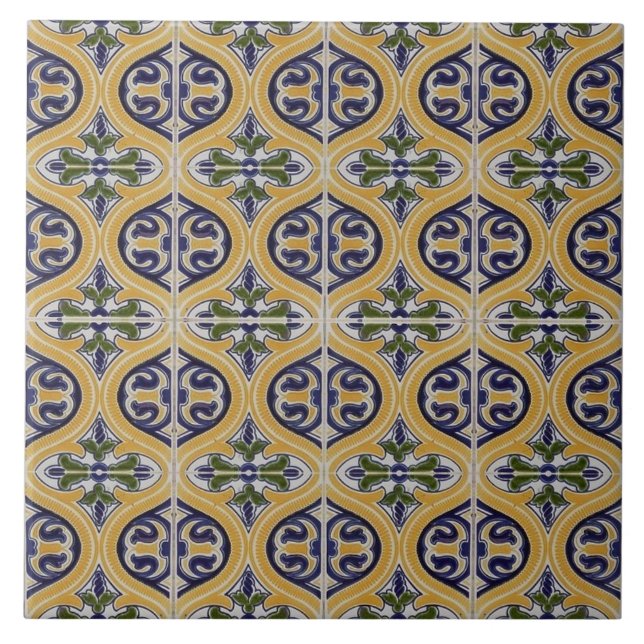 Repro Spain Geometric Azulejos Blue Gult Tile Kakelplatta (Framsidan)