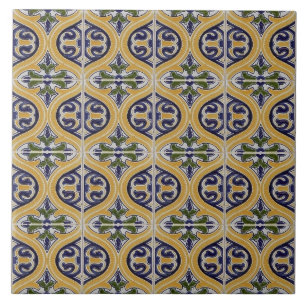 Repro Spain Geometric Azulejos Blue Gult Tile Kakelplatta