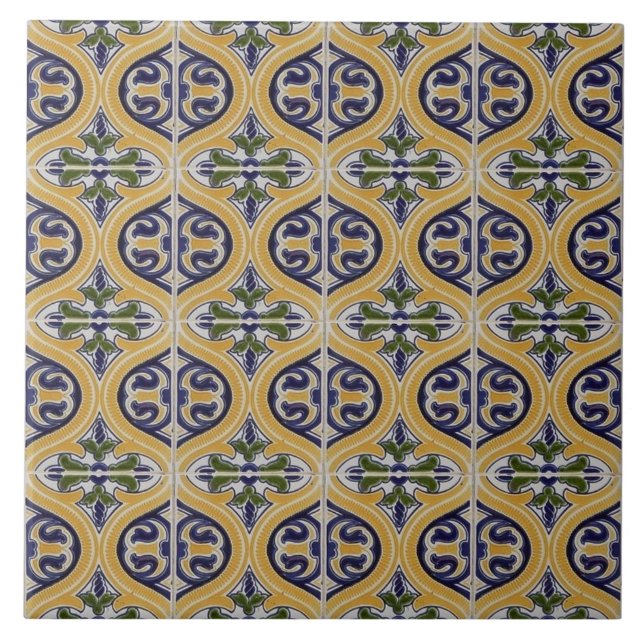 Repro Spain Geometric Azulejos Blue Gult Tile Kakelplatta (Framsidan)