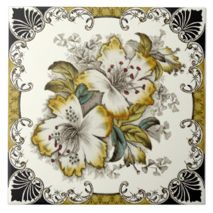 Repro Stunning Victorian Black White Guld Blommigt Kakelplatta