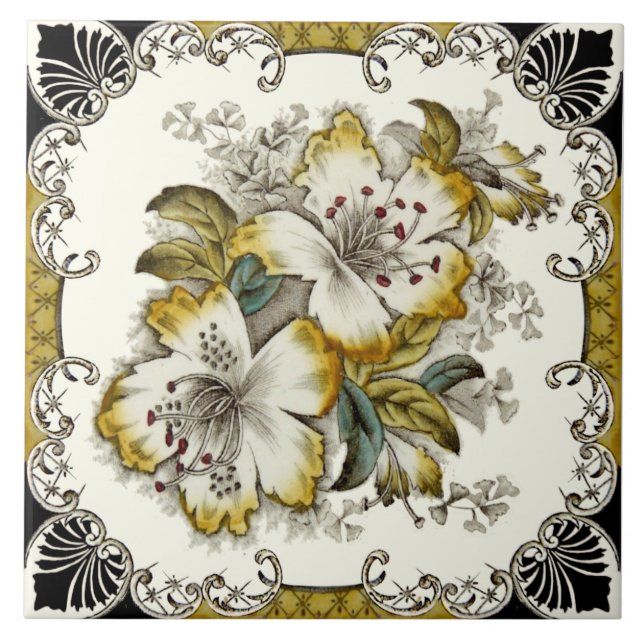 Repro Stunning Victorian Black White Guld Blommigt Kakelplatta (Framsidan)