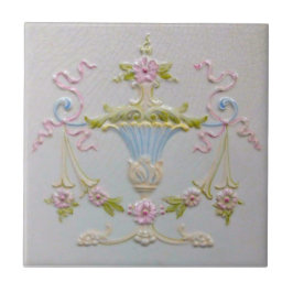 Repro Sweet Victorian Pastel Urn Flowers Majolica Kakelplatta