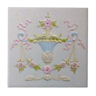 Repro Sweet Victorian Pastel Urn Flowers Majolica Kakelplatta