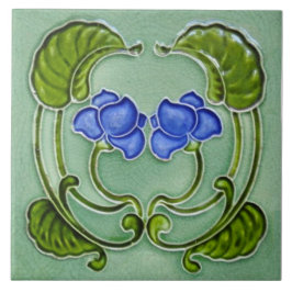 Repro Symmetrical Art nouveau Blue Grönt Blommigt Kakelplatta
