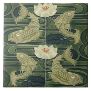 Repro tysk Art Nouveau Jugendstil damm fisk Kakelplatta