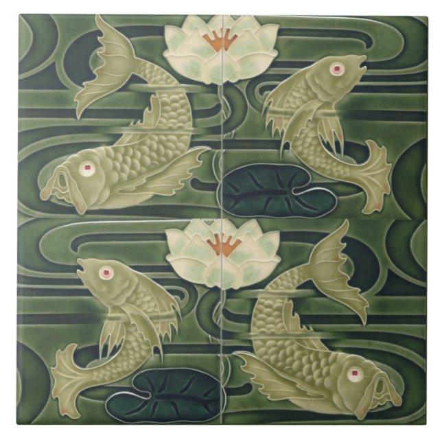 Repro tysk Art Nouveau Jugendstil damm fisk Kakelplatta (Framsidan)