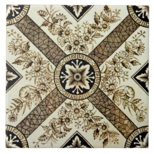 Repro Victorian 1880 s sepia Geometric Blommigt Kakelplatta