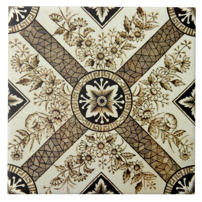Repro Victorian 1880 s sepia Geometric Blommigt Kakelplatta (Framsidan)