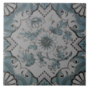 Repro Victorian Aqua Blue Blommigt Transferware Kakelplatta