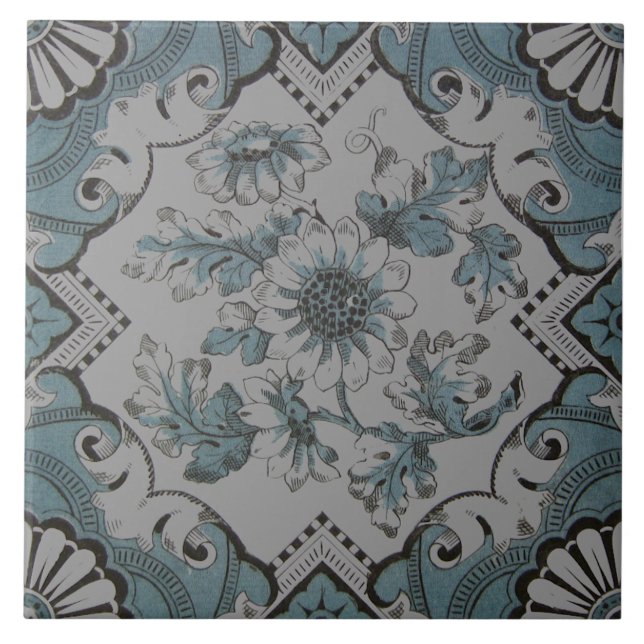 Repro Victorian Aqua Blue Blommigt Transferware Kakelplatta (Framsidan)