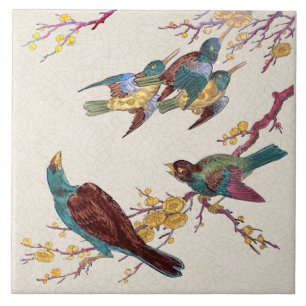 Repro VIctorian Birds & Blommars Hand-Färgad Kakelplatta