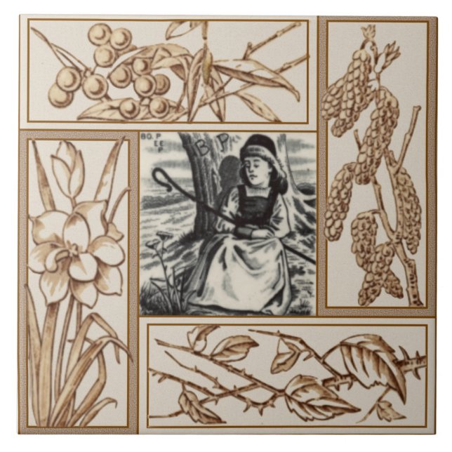 Repro VIctorian Bo Peep Nursery Rhyme Transferware Kakelplatta (Framsidan)