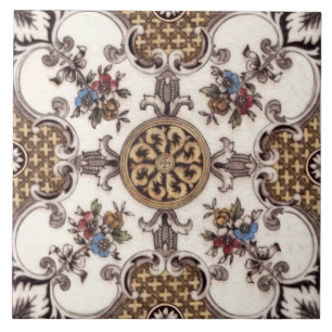 Repro Victorian English Quatrefoil Blommigt Transf Kakelplatta