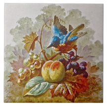 Repro Victorian Handmålade Bird & Fruit Tile #2