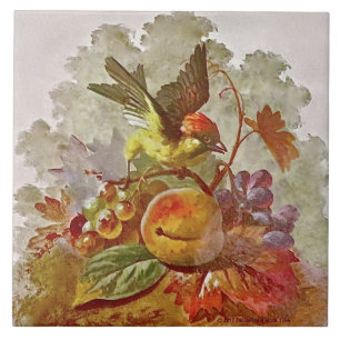 Repro Victorian Handmålat Bird & Fruit Tile #1 Kakelplatta