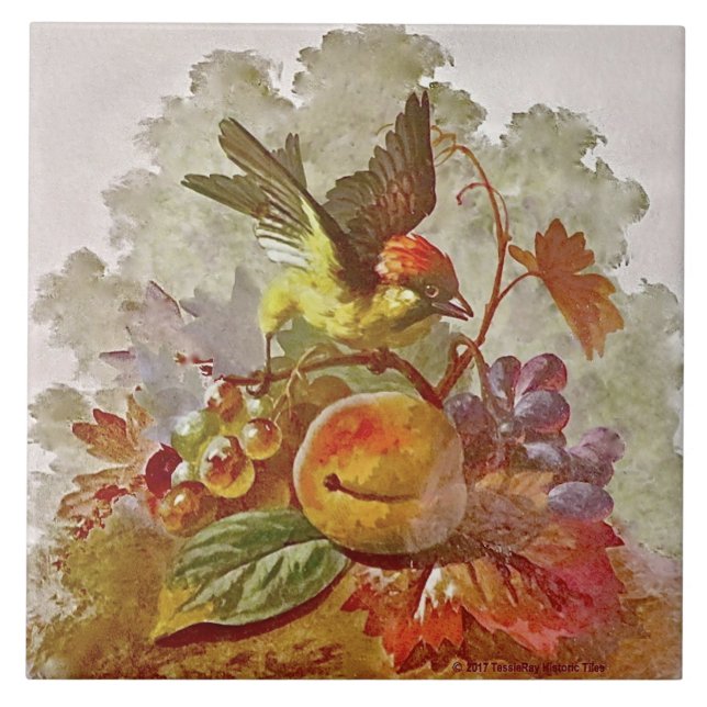 Repro Victorian Handmålat Bird & Fruit Tile #1 Kakelplatta (Framsidan)