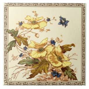Repro Victorian Malkin Butterflies & Anemones Kakelplatta