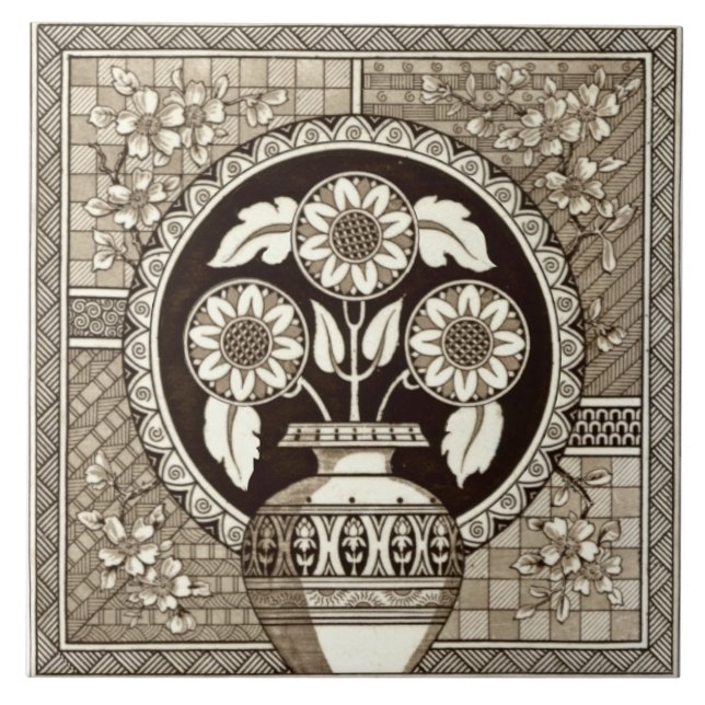 Repro Victorianska asetiskt Vas av sunblommor Sepi Kakelplatta (Framsidan)