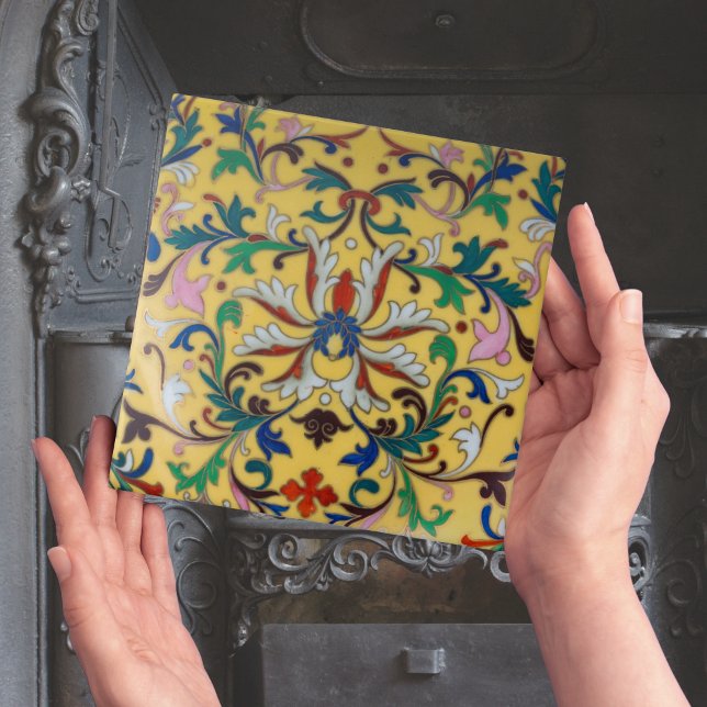 Repro Vintage Minton Gul Blommig Engelsk Kakelplat Kakelplatta (vintage reproduction victorian yellow floral tiles for fireplace)