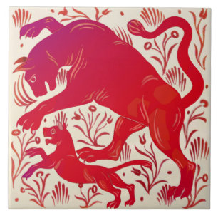 Repro Wm De Morgan Ruby Luster Cats (Panthers?) HP Kakelplatta